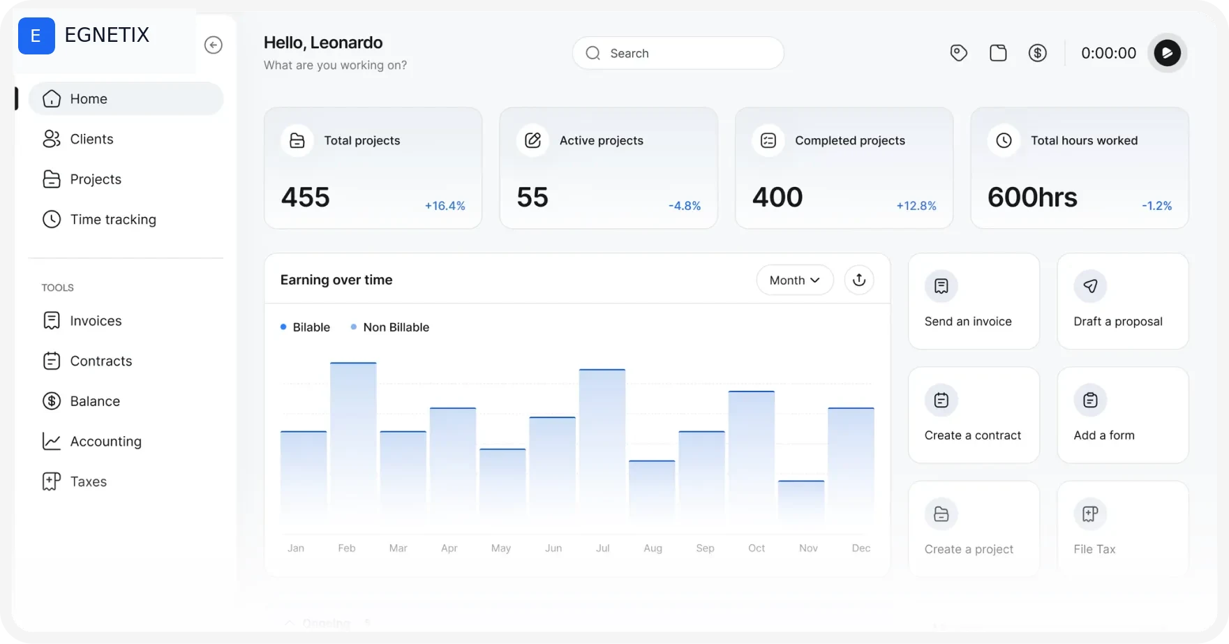 Dashboard showing projects, hours worked, and earnings over time with menu for invoices and contracts.